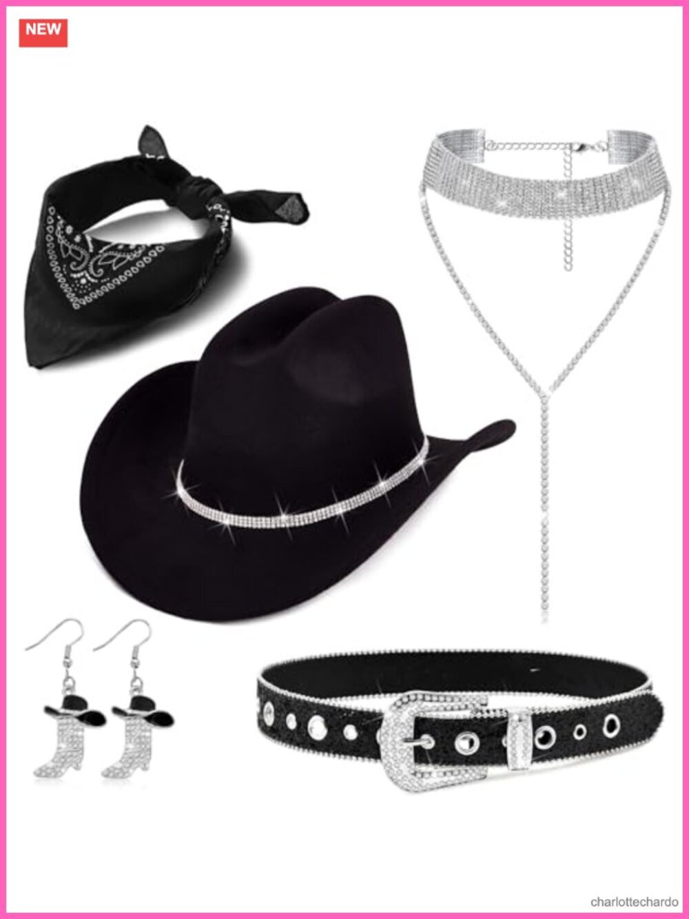 Rhinestone Cowgirl Costume Accessory Set Cowboy Hat Belt Necklace Halloween